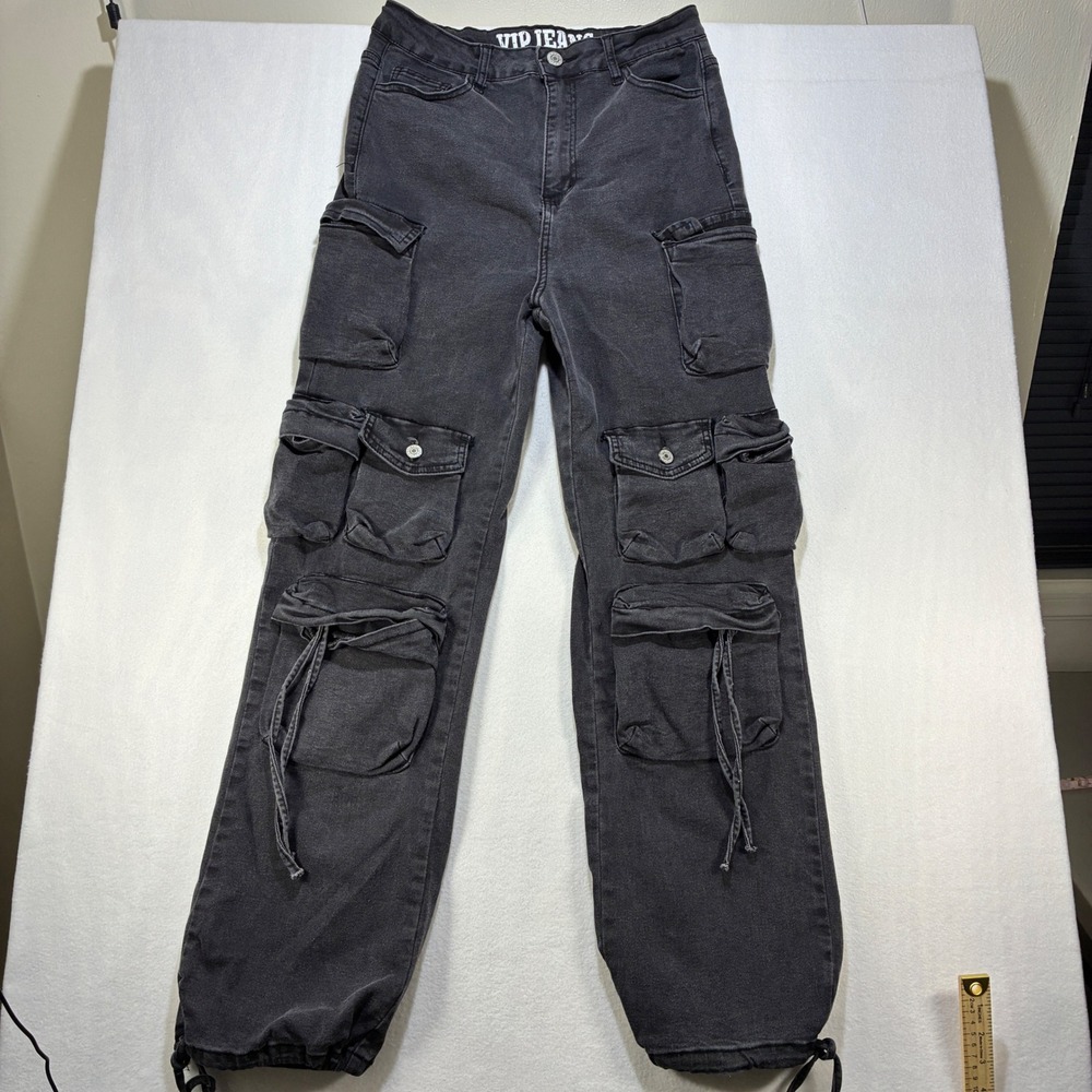VIP Jeans Women Cargo Multi Pocket 11/12 Black Stretch Denim Utility Streetwear